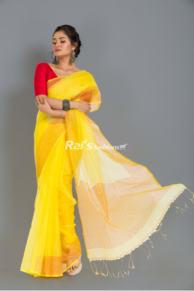 Yellow Muslin Silk Saree With Sequin Weaving Design Border And Pallu (KR157)